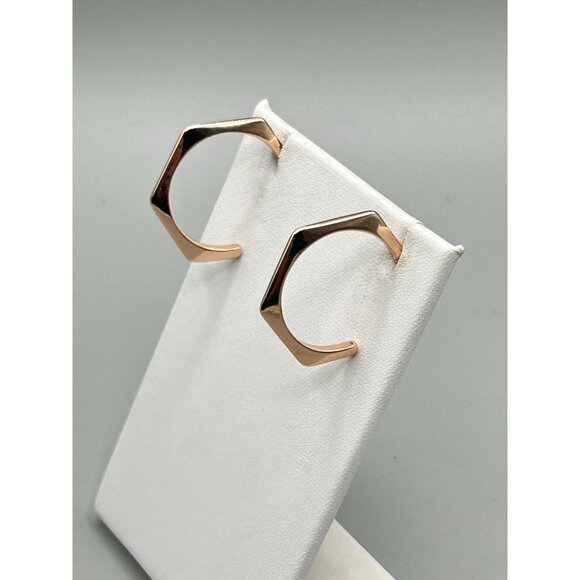 Geometric Hoops Earrings Rose Gold Plated Hexagon Pierced Hoop - Picture 3 of 6